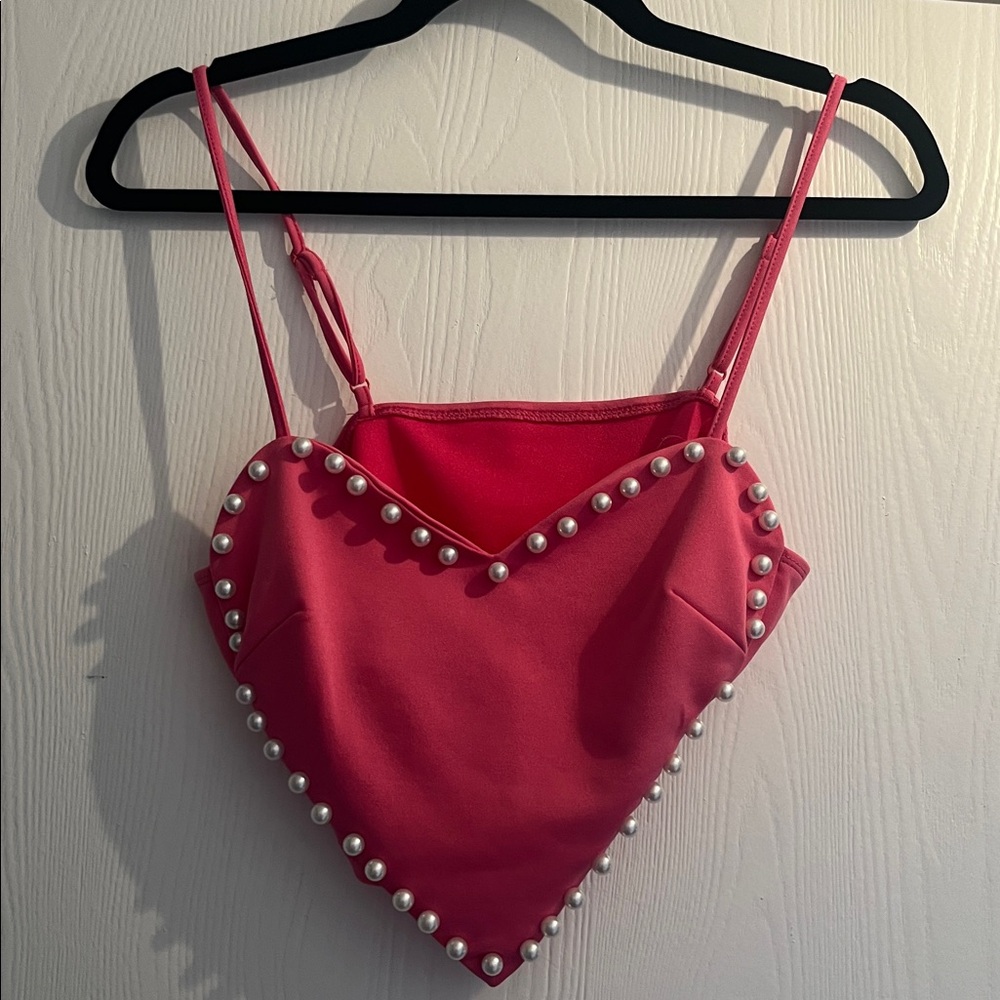 SHEIN Pink Heart Top with Pearl Details